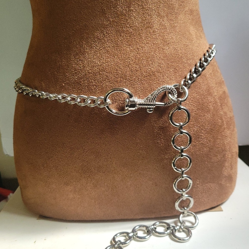 Silver Rhinestone‎ Curb Chain Belt Circle Link Adjustable Size 38 Inch Y2K